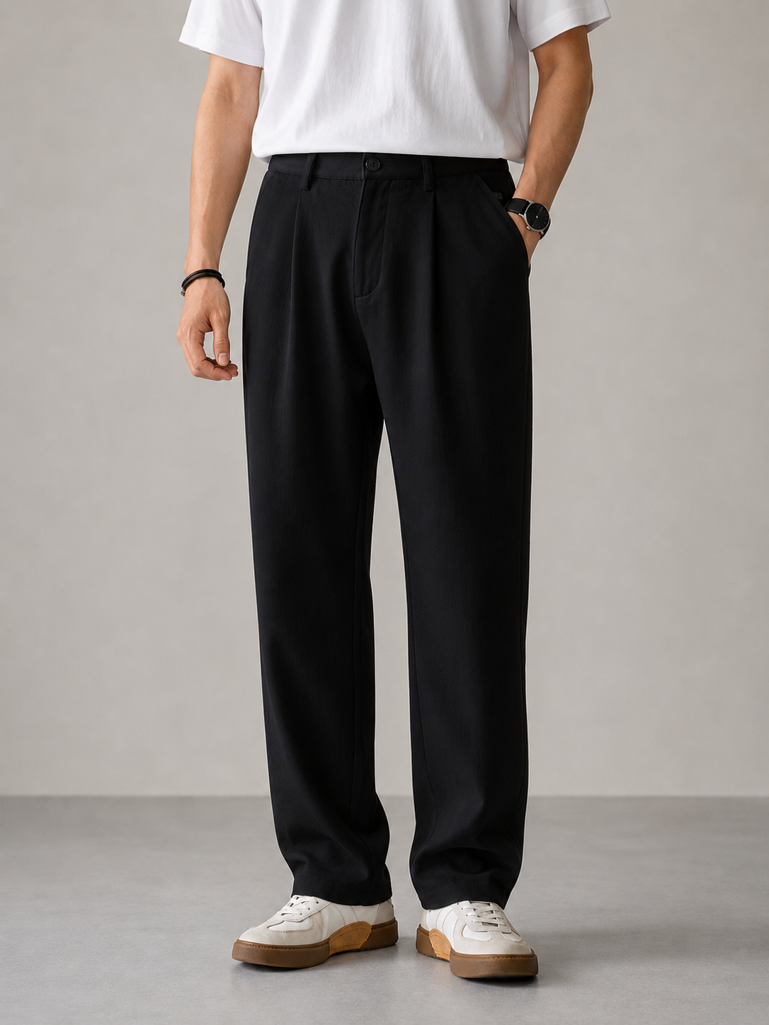James | Men's Relaxed Fit Navy Pleated Trousers
