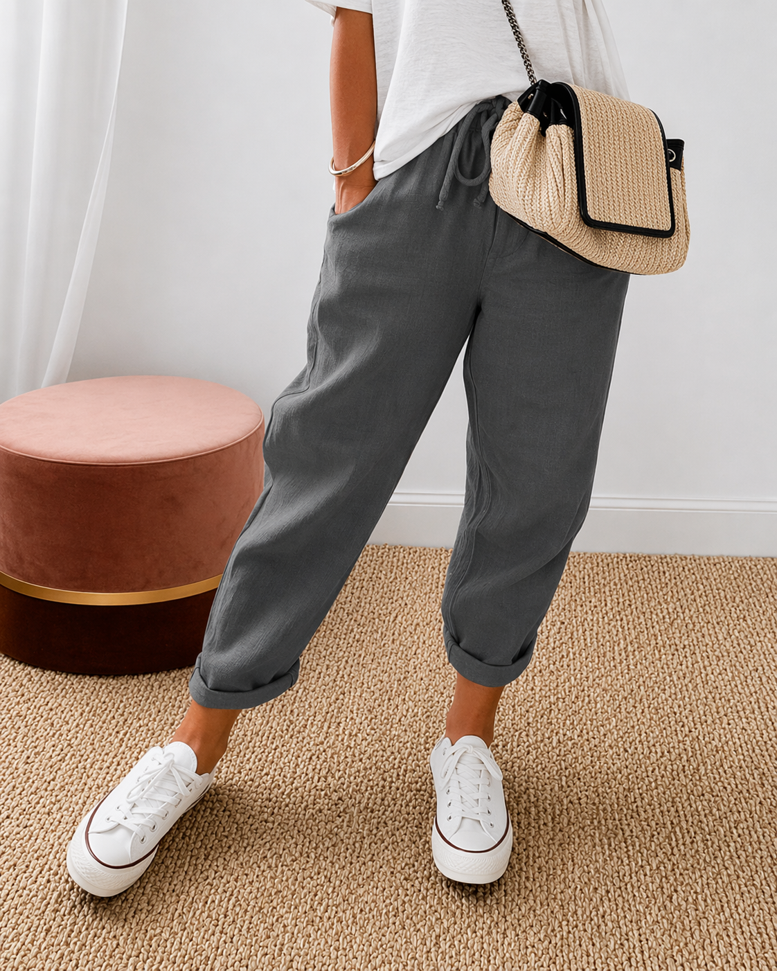 Amahle | Relaxed Drawstring Trousers with Turn Up Hems