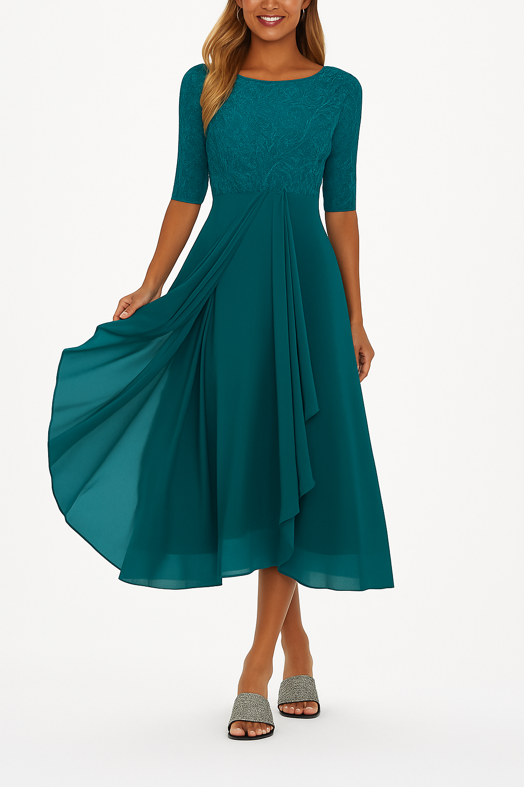 Ayanda | Lace Bodice Chiffon Midi Dress