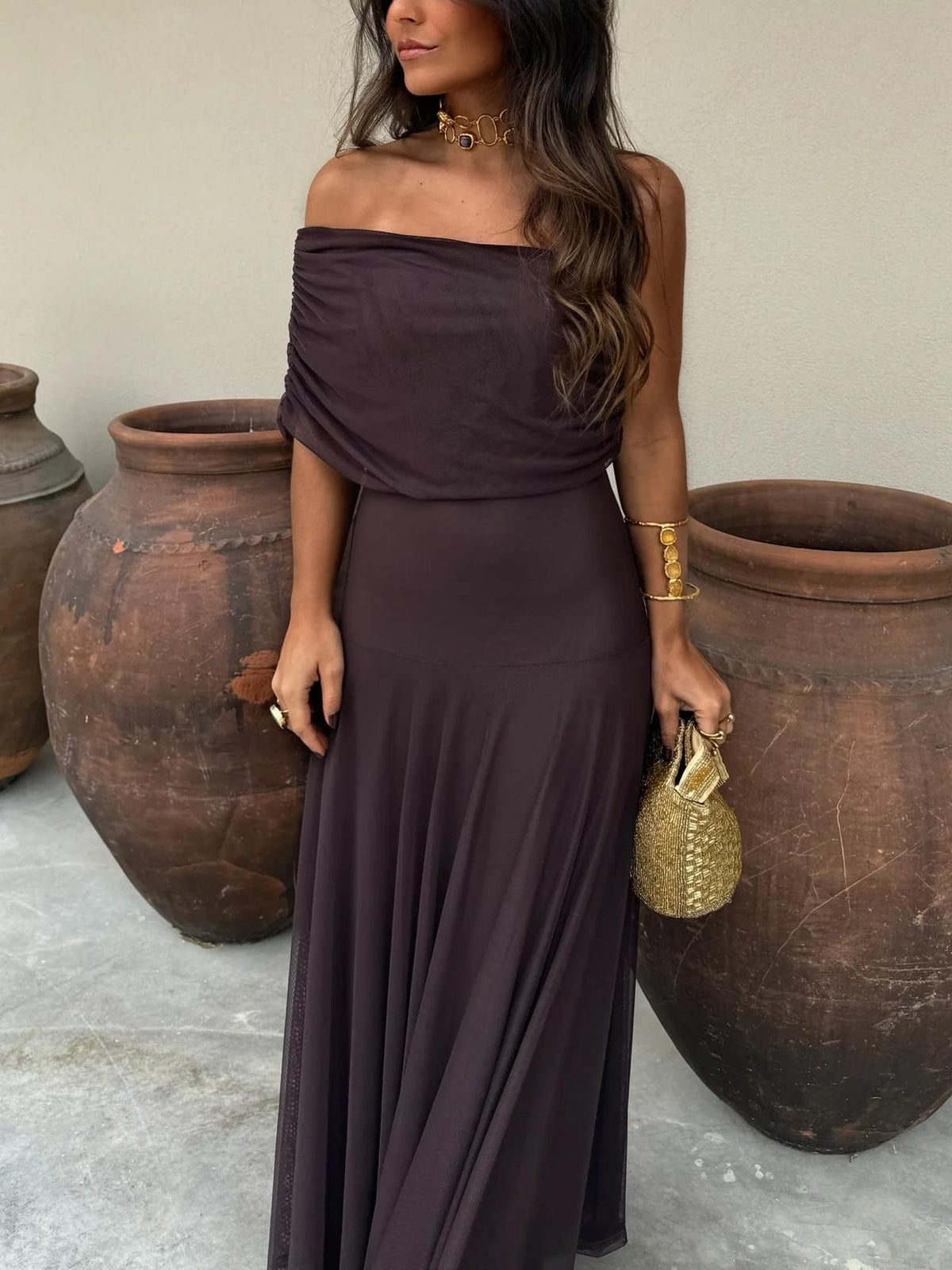 Saskia | Women's Ruched Off-Shoulder Maxi Dress