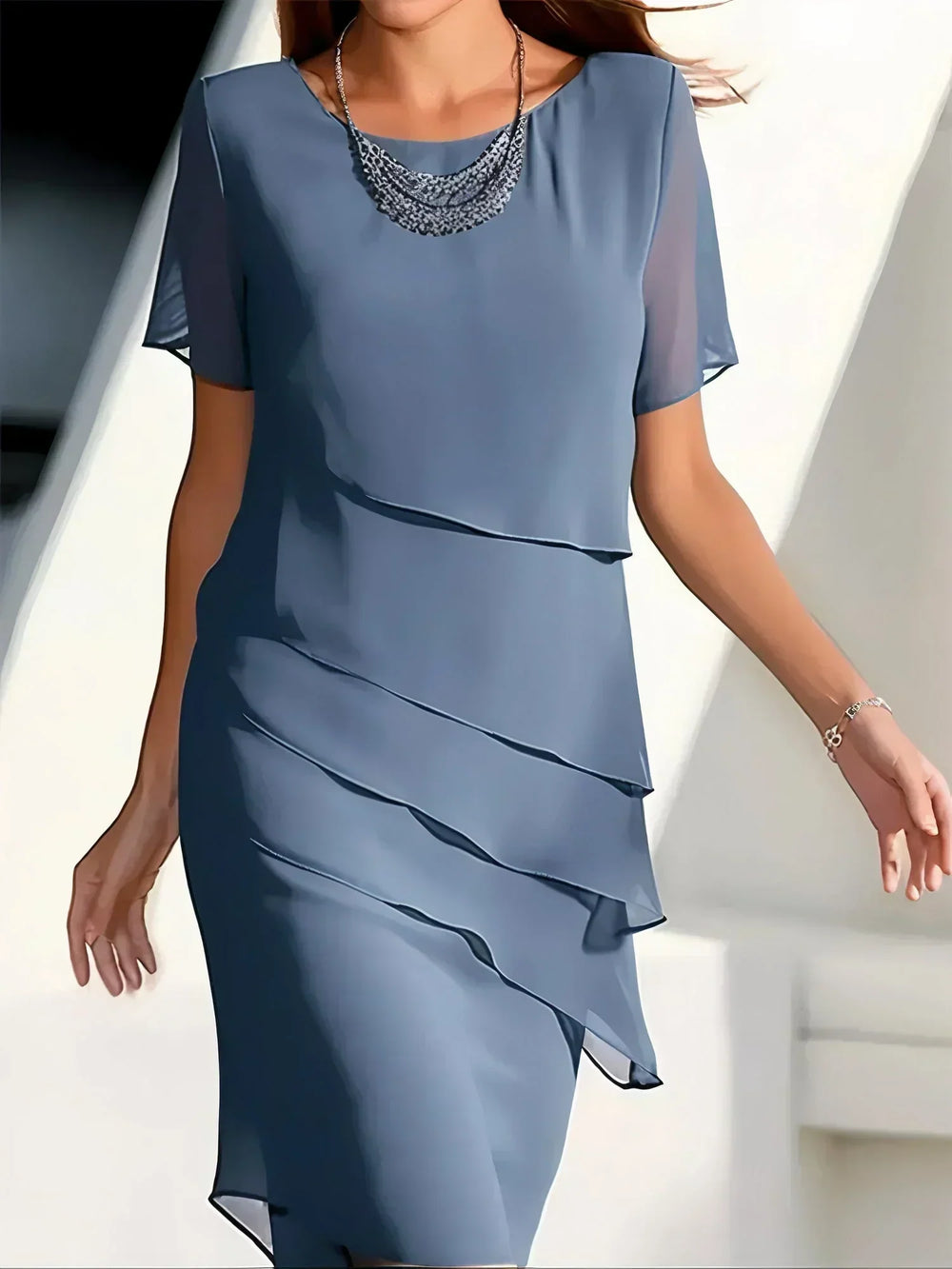 Elana | Women's Layered Short-Sleeve Midi Dress