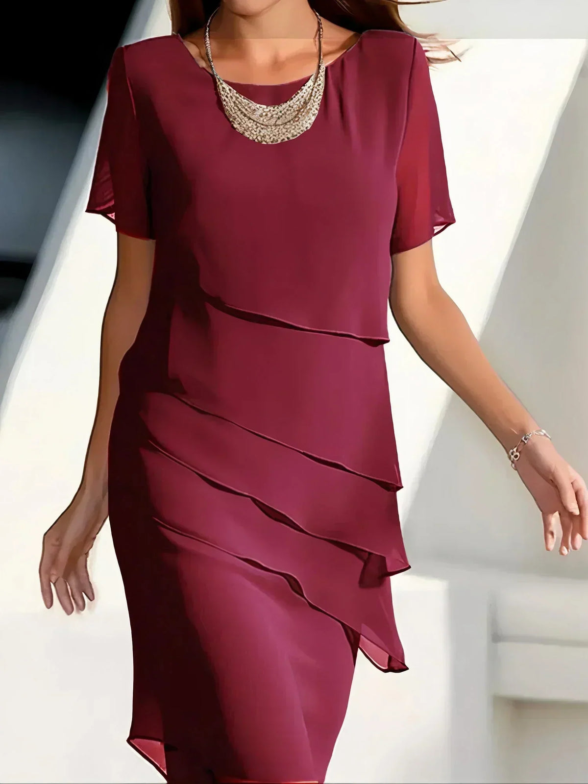 Elana | Women's Layered Short-Sleeve Midi Dress