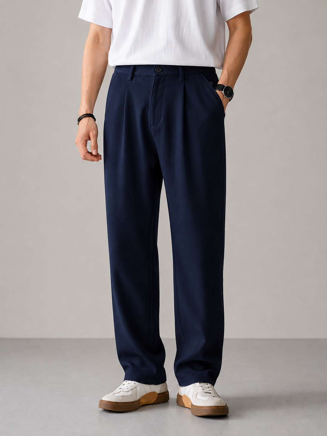 James | Men's Relaxed Fit Navy Pleated Trousers