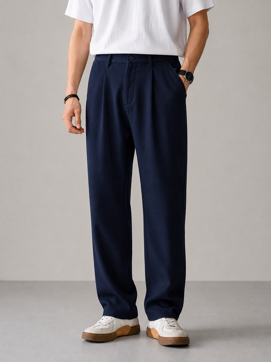 James | Men's Relaxed Fit Navy Pleated Trousers