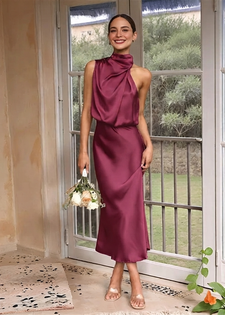 Jena | Women's Draped Satin Halter Midi Dress
