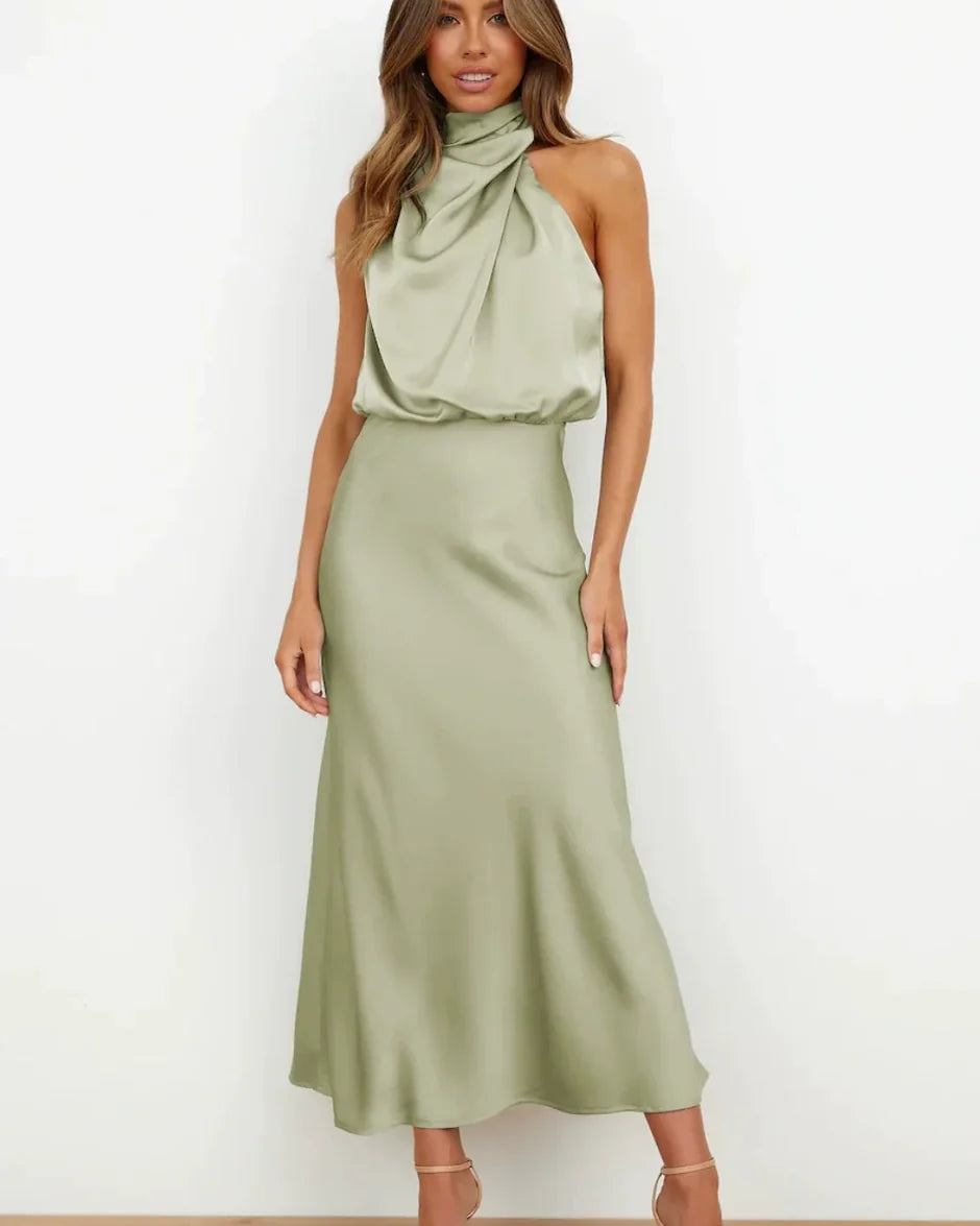 Marlene | Women's Satin Halter Neck Midi Dress
