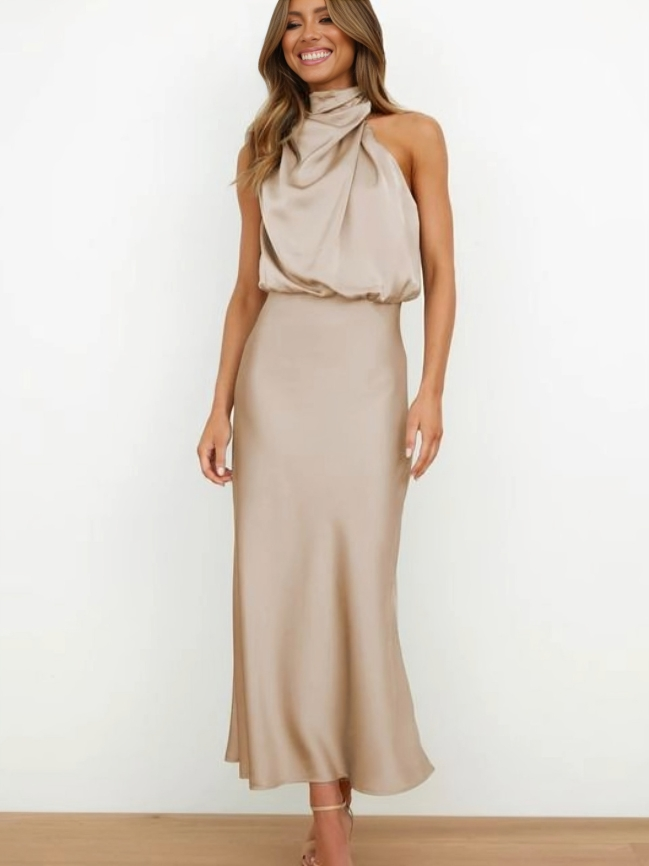 Marlene | Women's Satin Halter Neck Midi Dress
