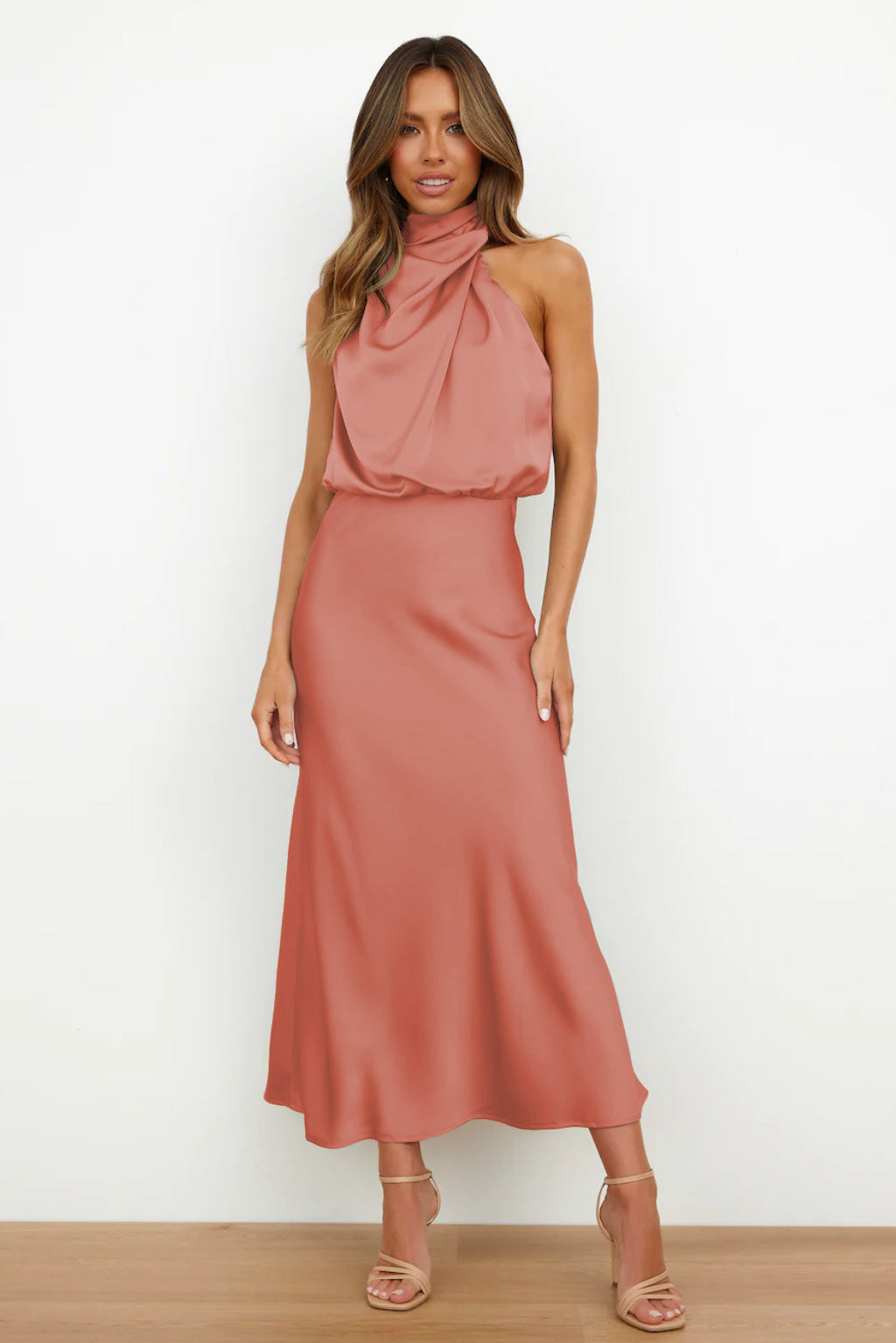 Marlene | Women's Satin Halter Neck Midi Dress