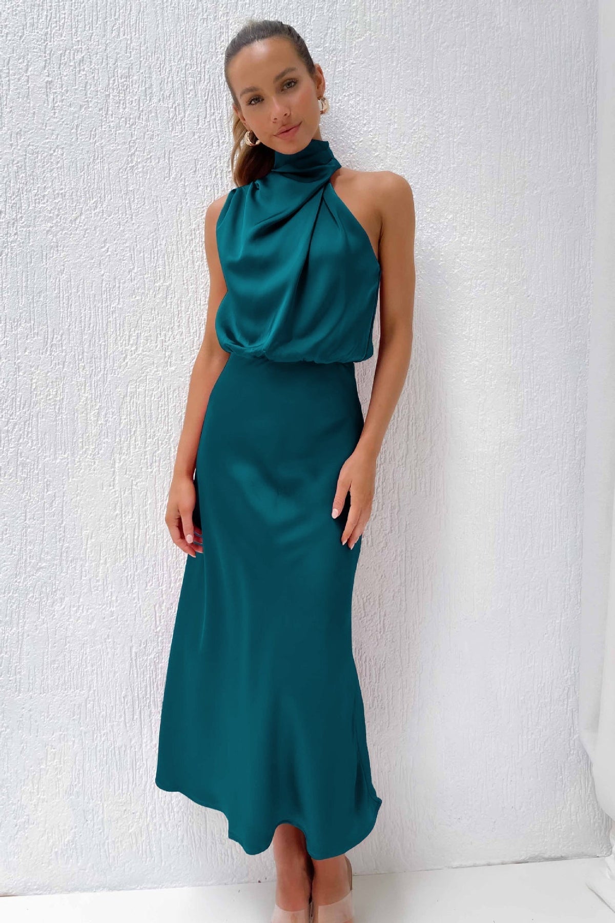 Marlene | Women's Satin Halter Neck Midi Dress
