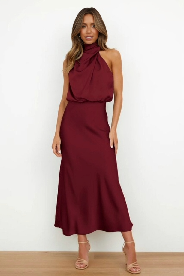 Marlene | Women's Satin Halter Neck Midi Dress