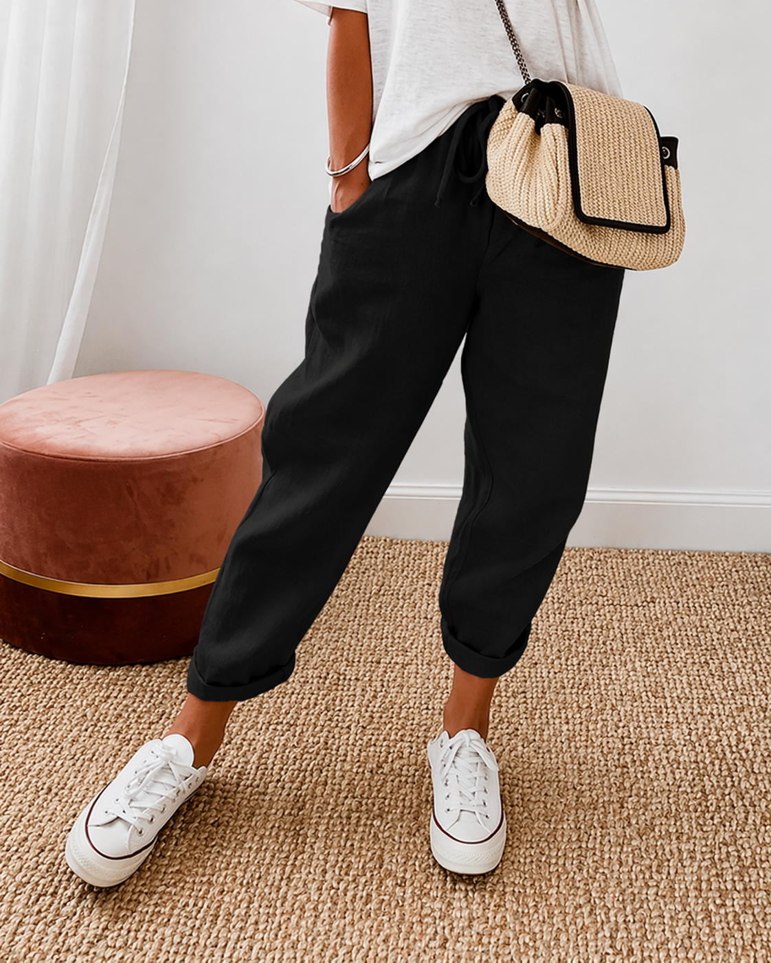 Amahle | Relaxed Drawstring Trousers with Turn Up Hems