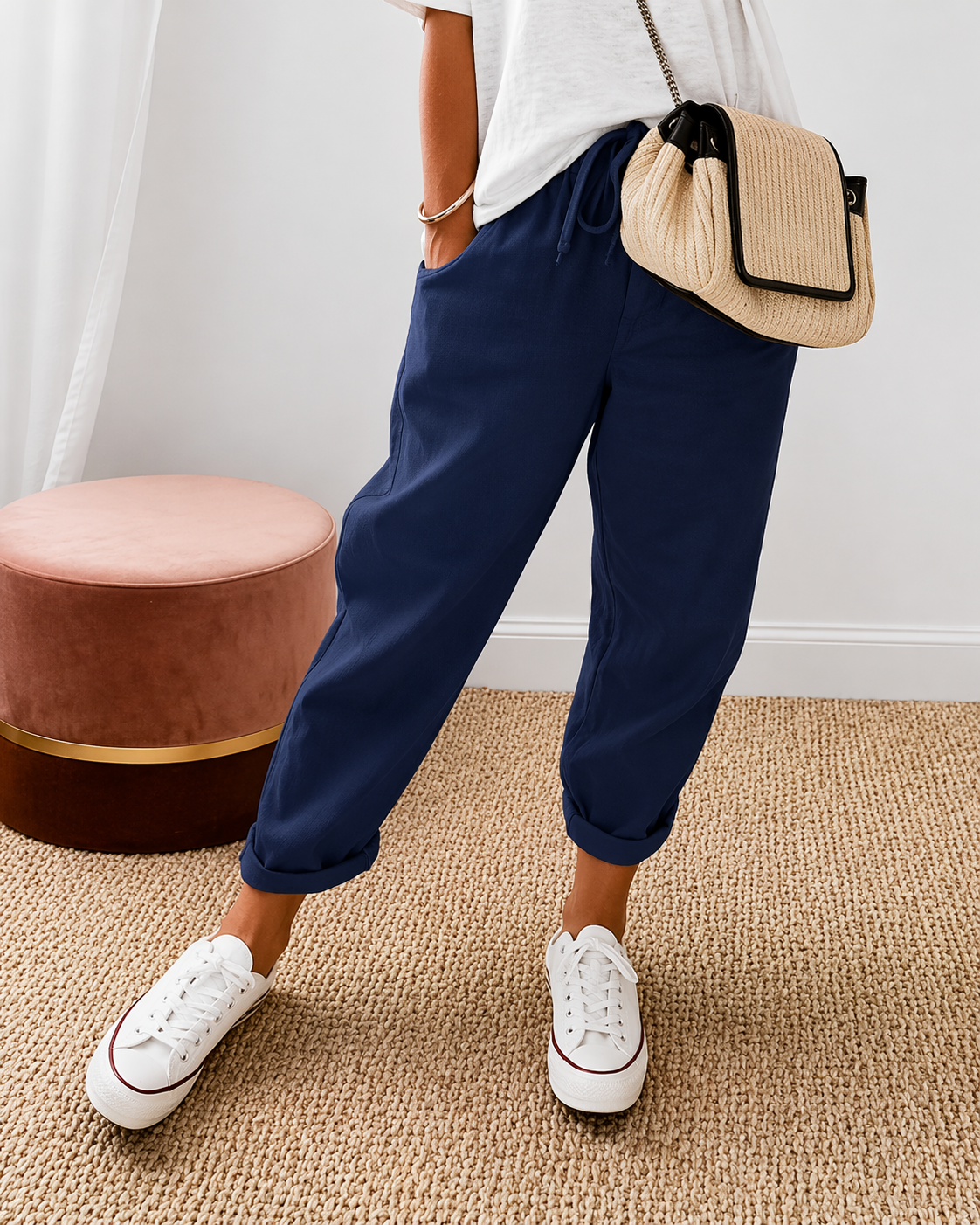 Amahle | Relaxed Drawstring Trousers with Turn Up Hems