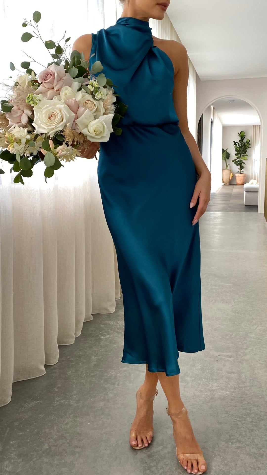 Jena | Women's Draped Satin Halter Midi Dress