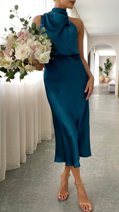 Jena | Women's Draped Satin Halter Midi Dress