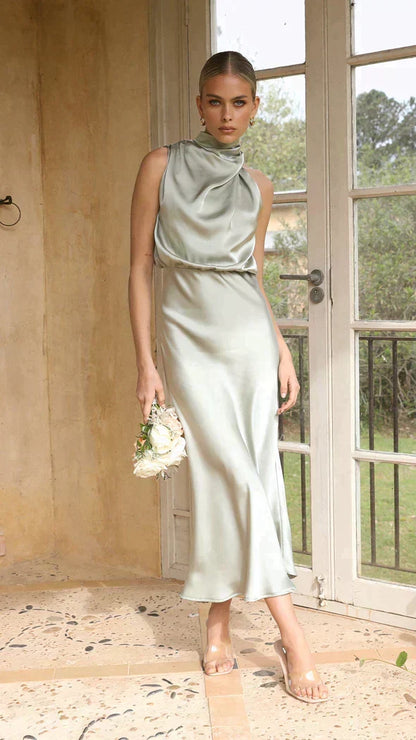 Jena | Women's Draped Satin Halter Midi Dress