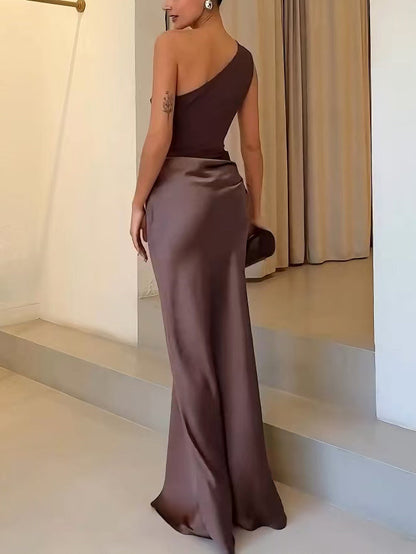 Kelly | Women's One-Shoulder Satin Maxi Dress