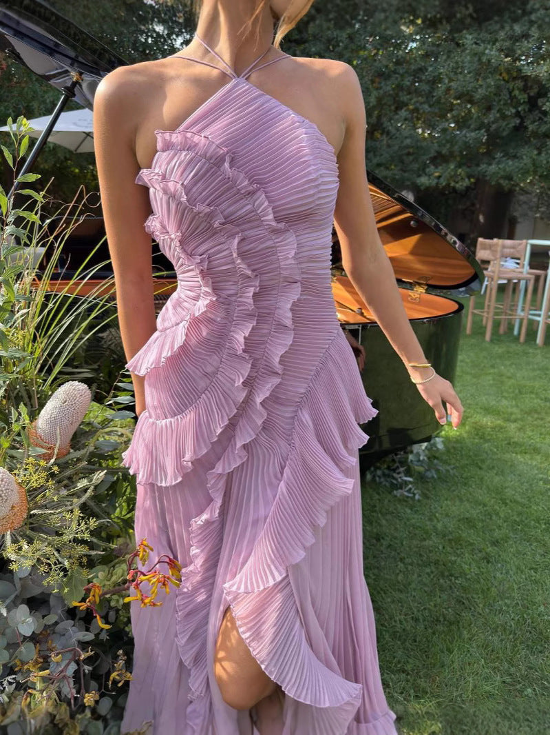 Melissa | Women's Pleated Ruffle Halter Midi Dress
