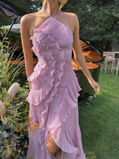 Melissa | Women's Pleated Ruffle Halter Midi Dress